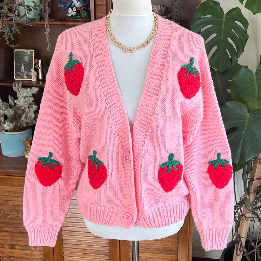 Dreamers by Debut Strawberry Embroidered Pink Cardigan Sweater S